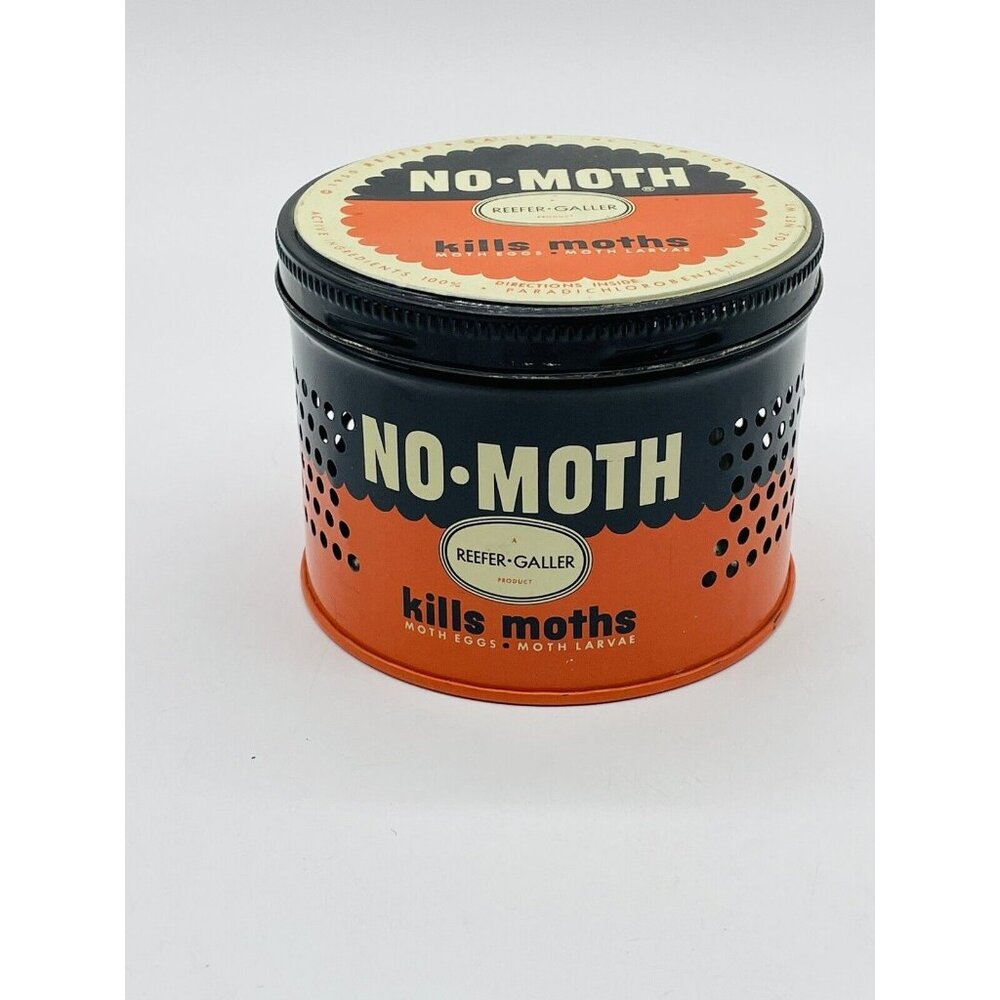Vintage Reefer-Galler No Moth Empty Tin Can 1950’s Black Orange 4 1/4" diameter